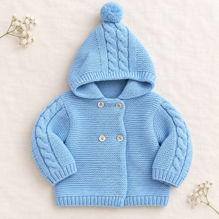 Cappottino battesimo bimbo azzurro chiaro in maglia con cappuccio e pompon, trecce decorative sulle maniche e chiusura doppiopetto.