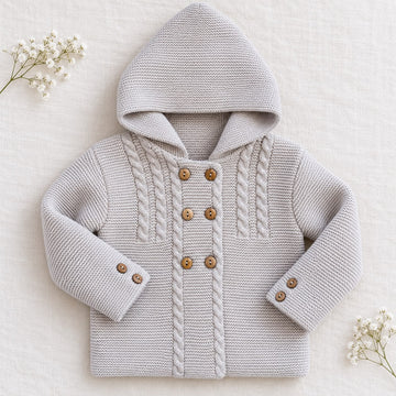 Cappottino battesimo bimbo beige in maglia con cappuccio, trecce decorative e chiusura doppiopetto con bottoni effetto legno, vista frontale.