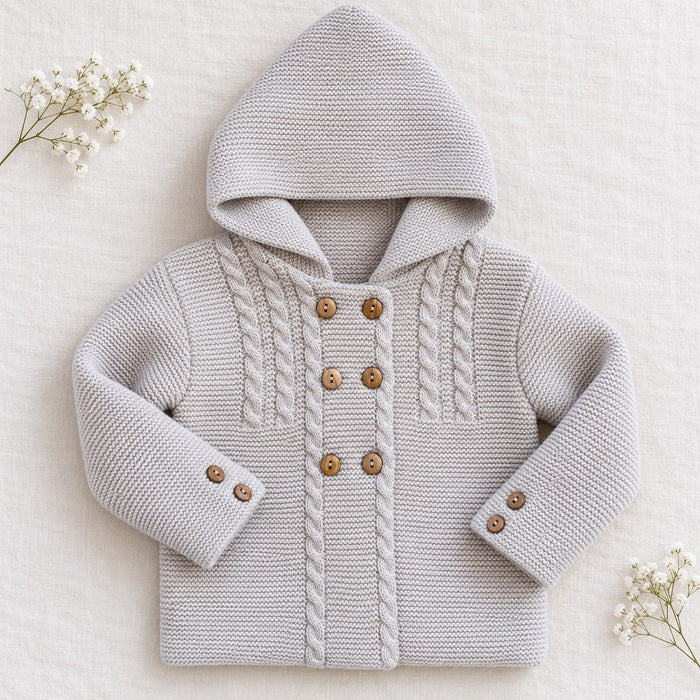 Cappottino battesimo bimbo beige in maglia con cappuccio, trecce decorative e chiusura doppiopetto con bottoni effetto legno, vista frontale.