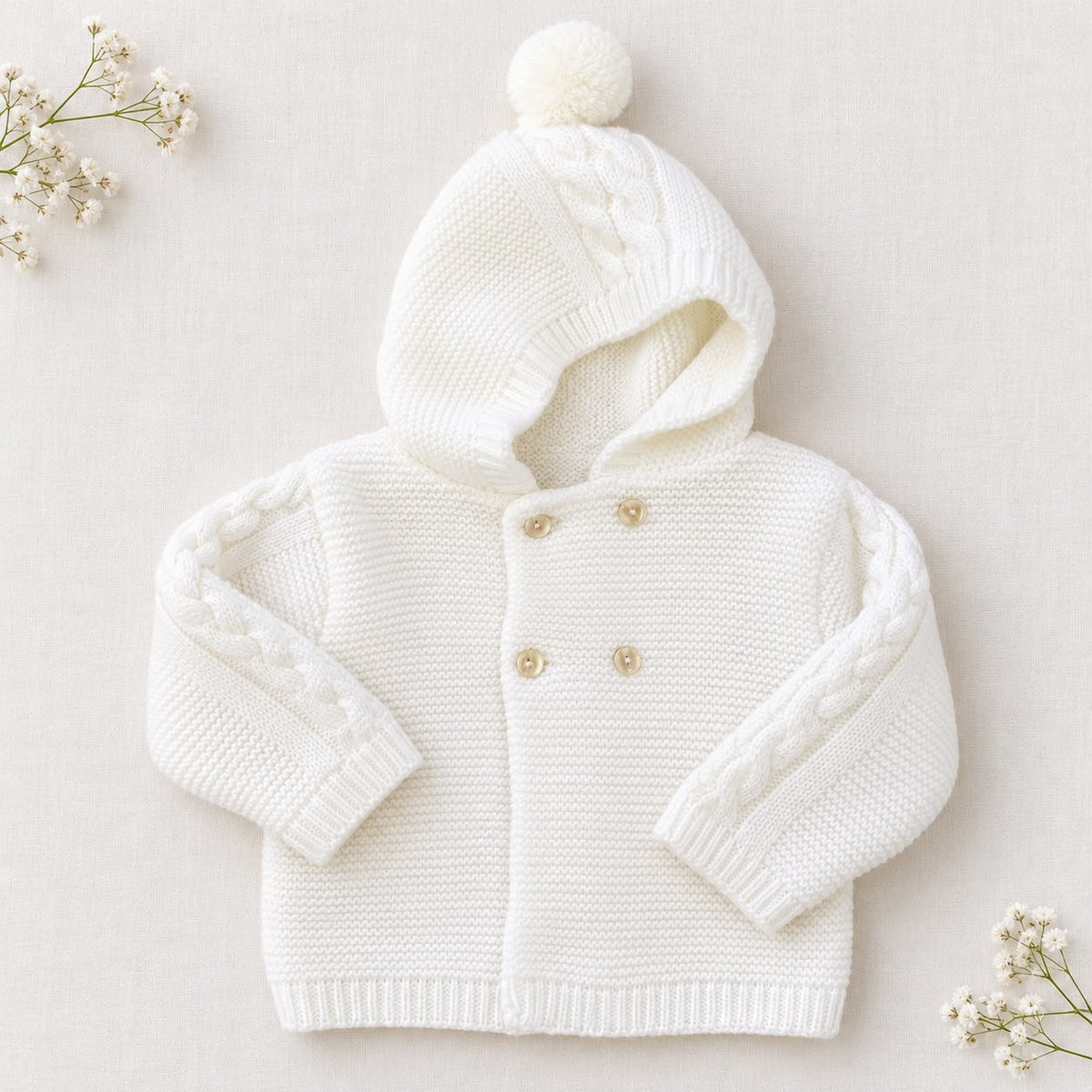 Cappottino battesimo bimbo bianco latte in maglia con cappuccio e pompon, trecce decorative sulle maniche e chiusura doppiopetto con bottoni chiari.