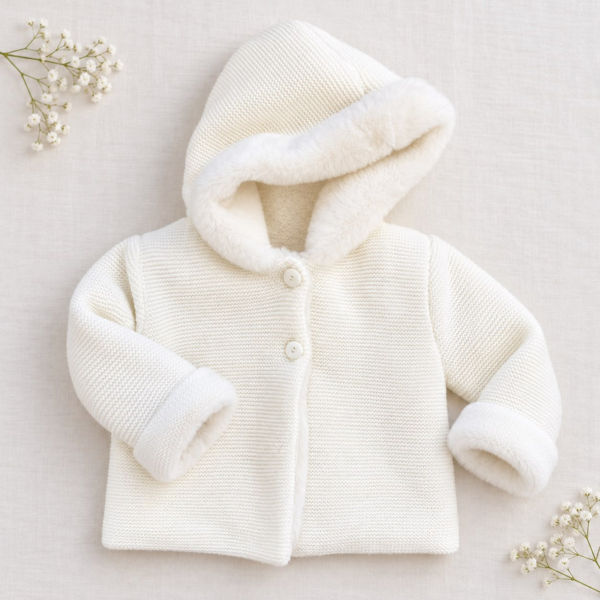 Cappottino battesimo bimbo panna in maglia con cappuccio bordato effetto pelliccia, polsini coordinati e bottoni chiari.