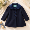 Cappottino inglese blu bimba in panno foderato con colletto in velluto
