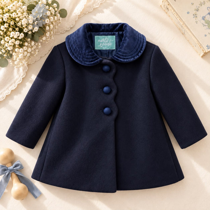 Cappottino inglese blu bimba in panno foderato con colletto in velluto
