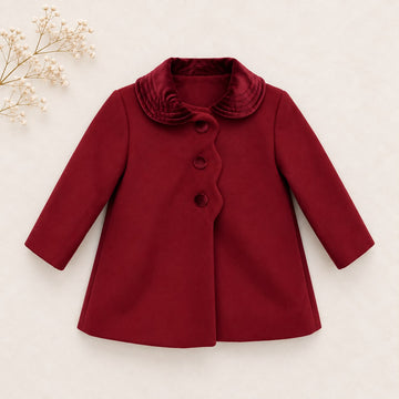 Cappottino inglese bordeaux bimba in panno foderato con colletto in velluto