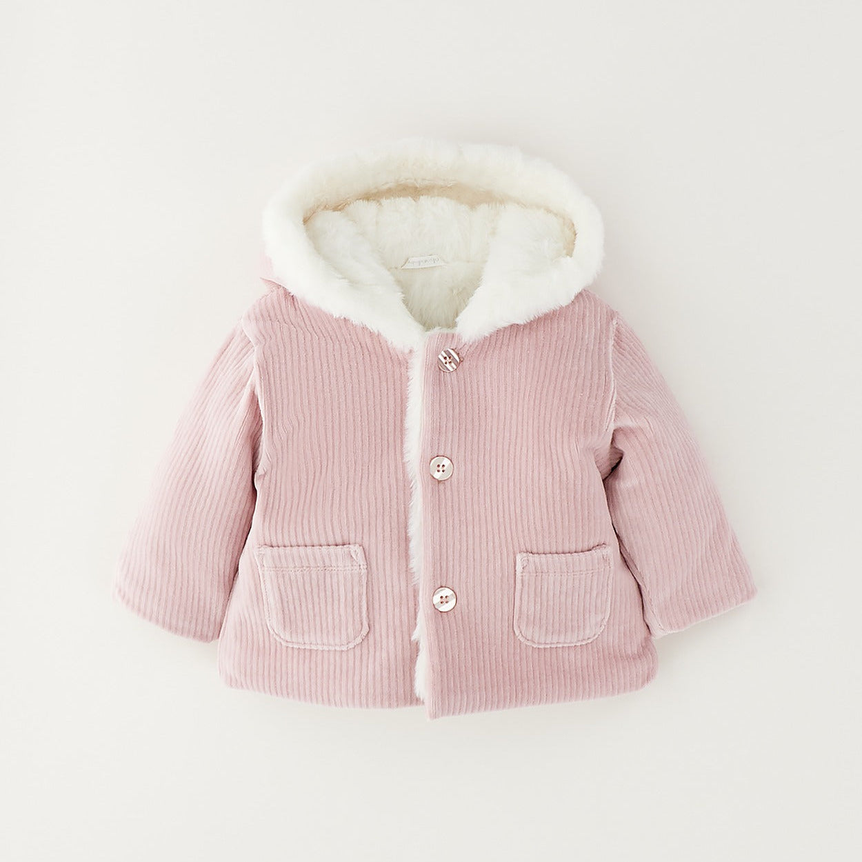 Cappotto neonata rosa in cotone con cappuccio e taschine frontali