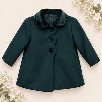 Cappottino verde bottiglia bimba in panno foderato con colletto in velluto