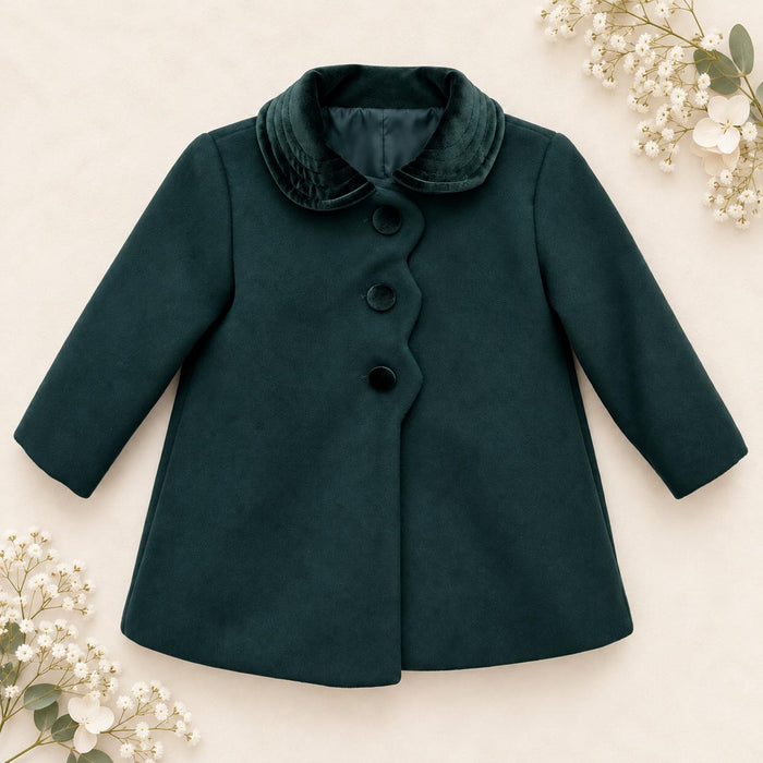 Cappottino verde bottiglia bimba in panno foderato con colletto in velluto