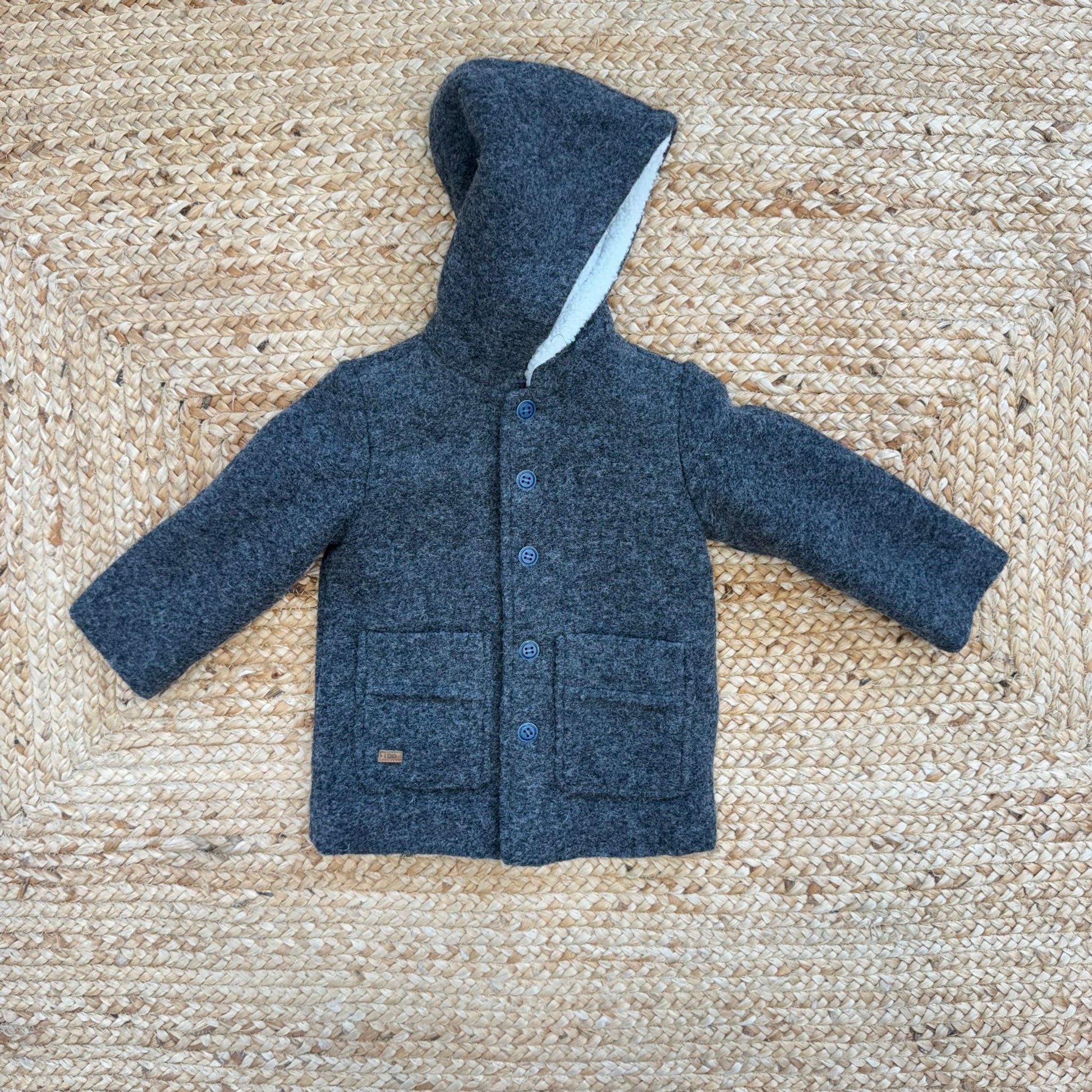 cappottino bimbo grigio in lana e poliestere con cappuccio