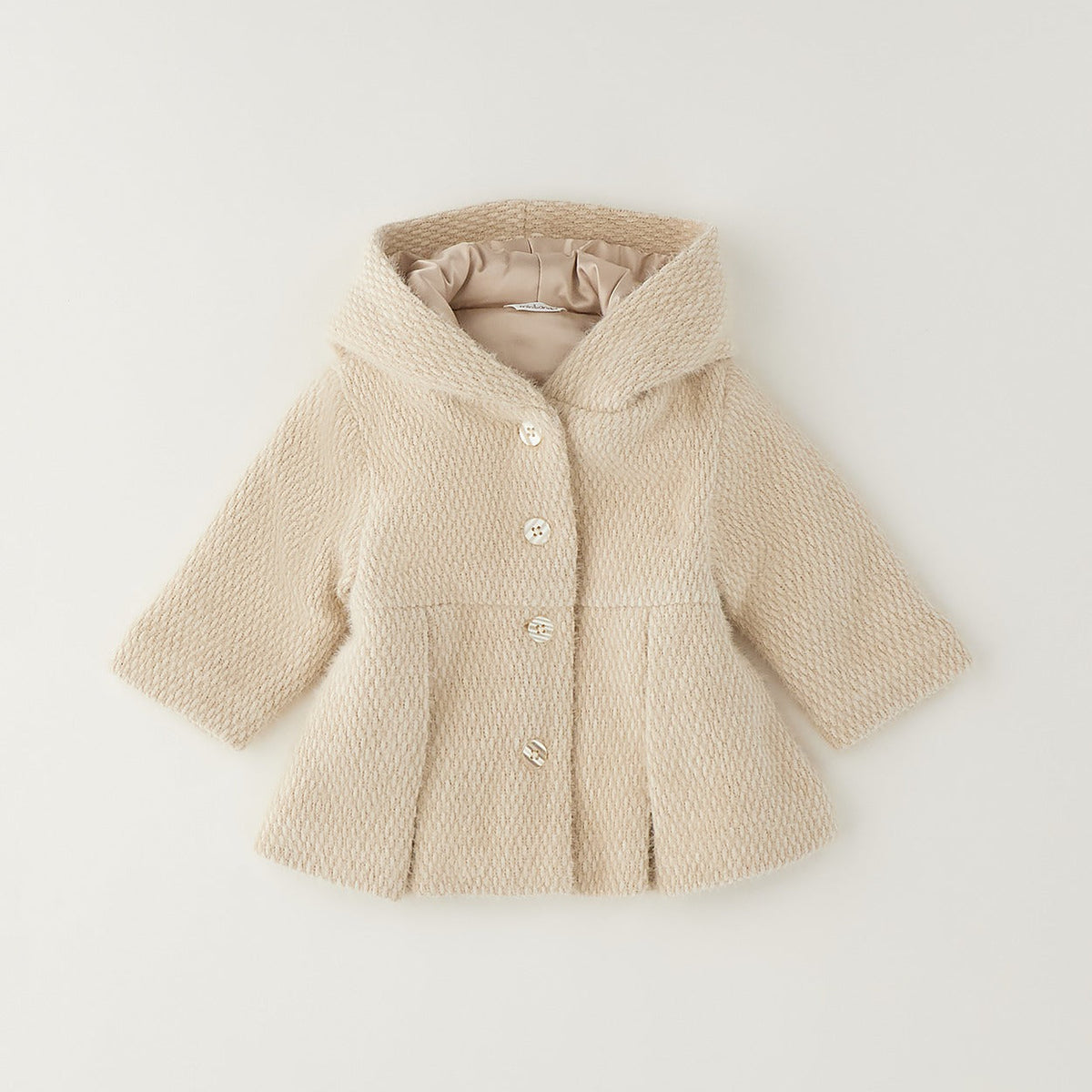 Cappotto bimba beige con cappuccio, bottoni effetto madreperla e linea svasata