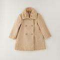 Cappotto bimba beige con collo morbido effetto pelliccia e chiusura doppiopetto