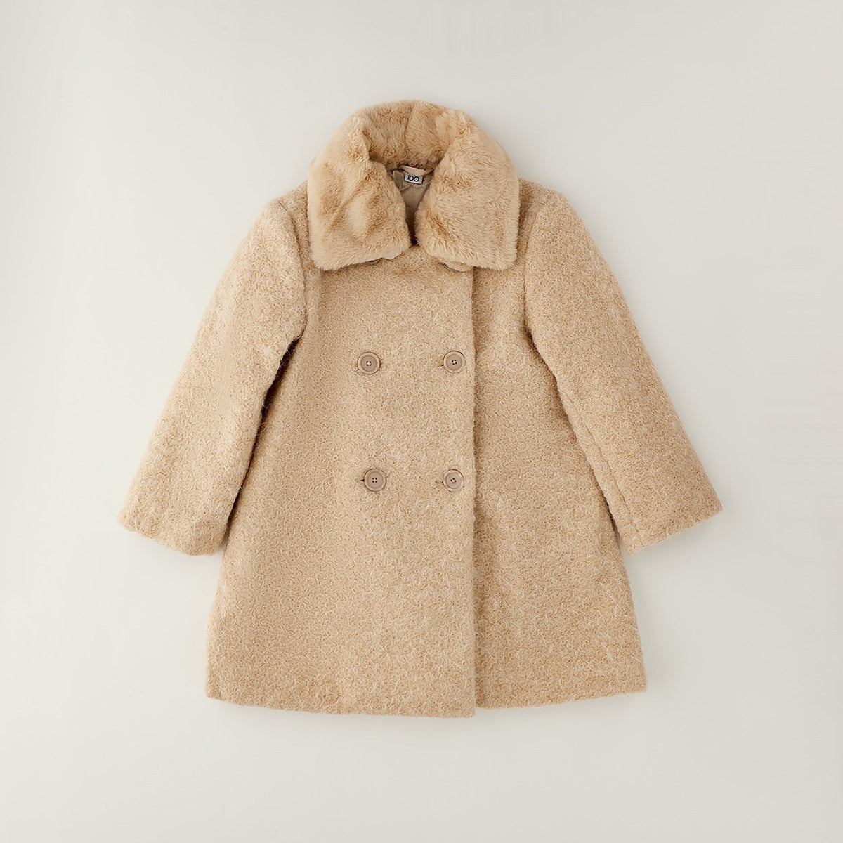 Cappotto bimba beige con collo morbido effetto pelliccia e chiusura doppiopetto