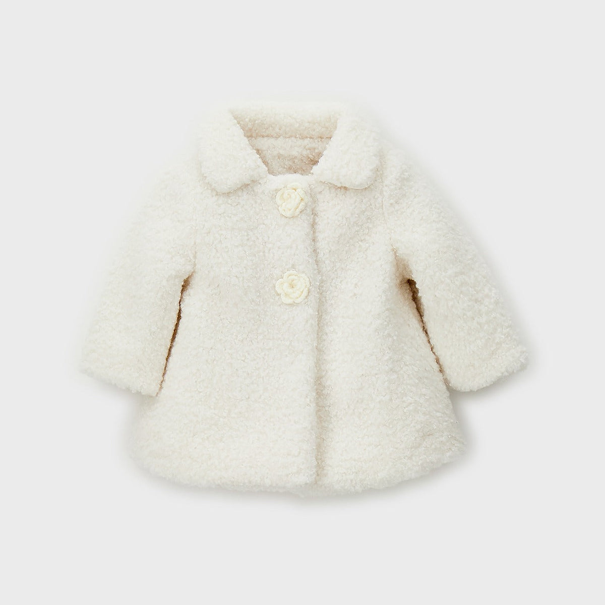 Cappotto bimba bianco latte effetto bouclé con colletto e bottoni decorativi a forma di fiore