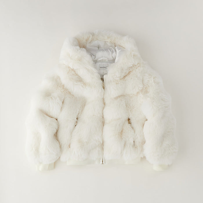 Cappotto bimba bianco latte effetto pelliccia con cappuccio e chiusura frontale con zip