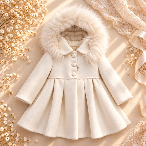 Cappotto bimba panna foderato con cappuccio rimovibile, foto 1