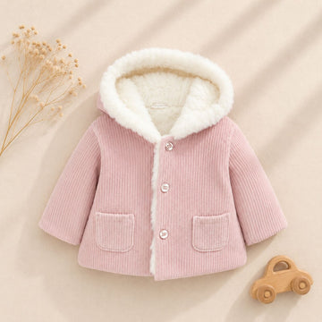 Cappotto bimba rosa cipria in velluto a coste con cappuccio e morbida imbottitura interna