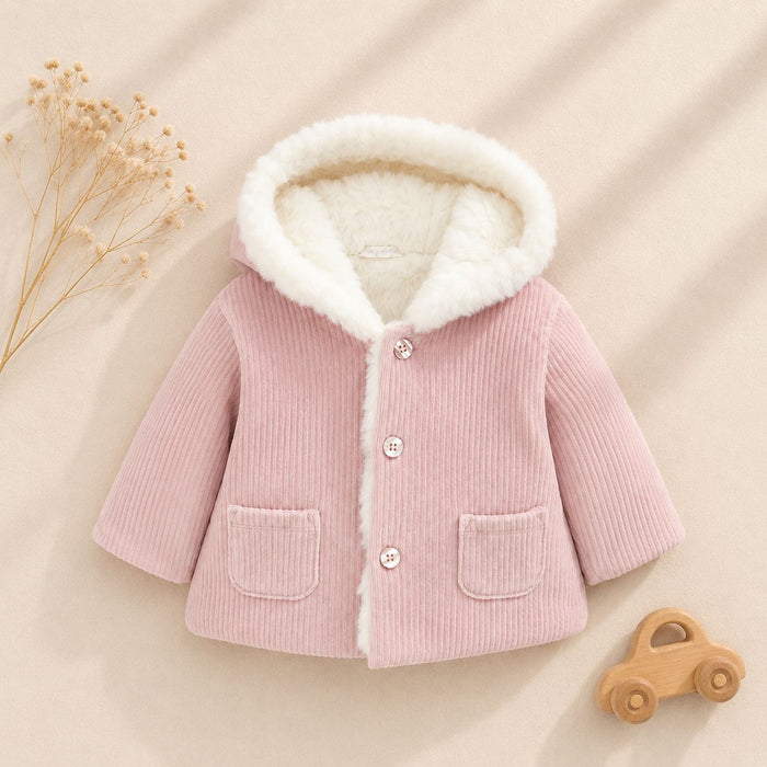 Cappotto bimba rosa cipria in velluto a coste con cappuccio e morbida imbottitura interna