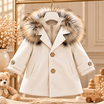 Cappotto bimbo elegante beige con cappuccio bordato in pelliccia, revers e bottoni effetto naturale
