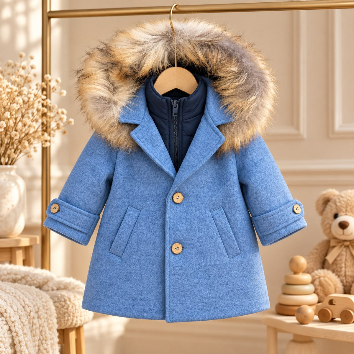 Dettaglio cappotto bimbo elegante azzurro mélange con bottoni effetto legno.