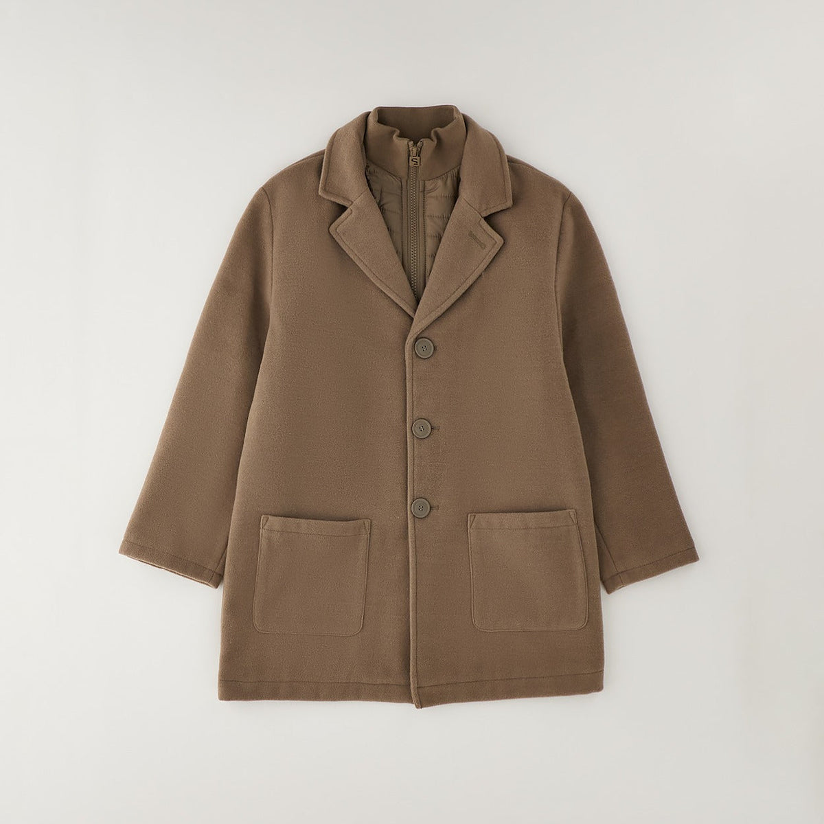 Cappotto bimbo marrone con collo a revers, bottoni e inserto interno con zip