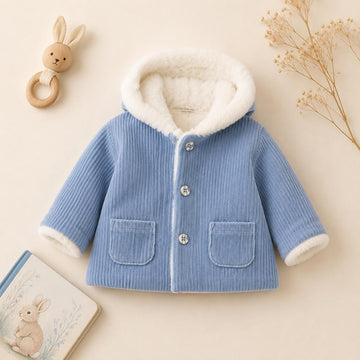 Cappotto celeste da bimba con cappuccio, interno morbido e tasche frontali
