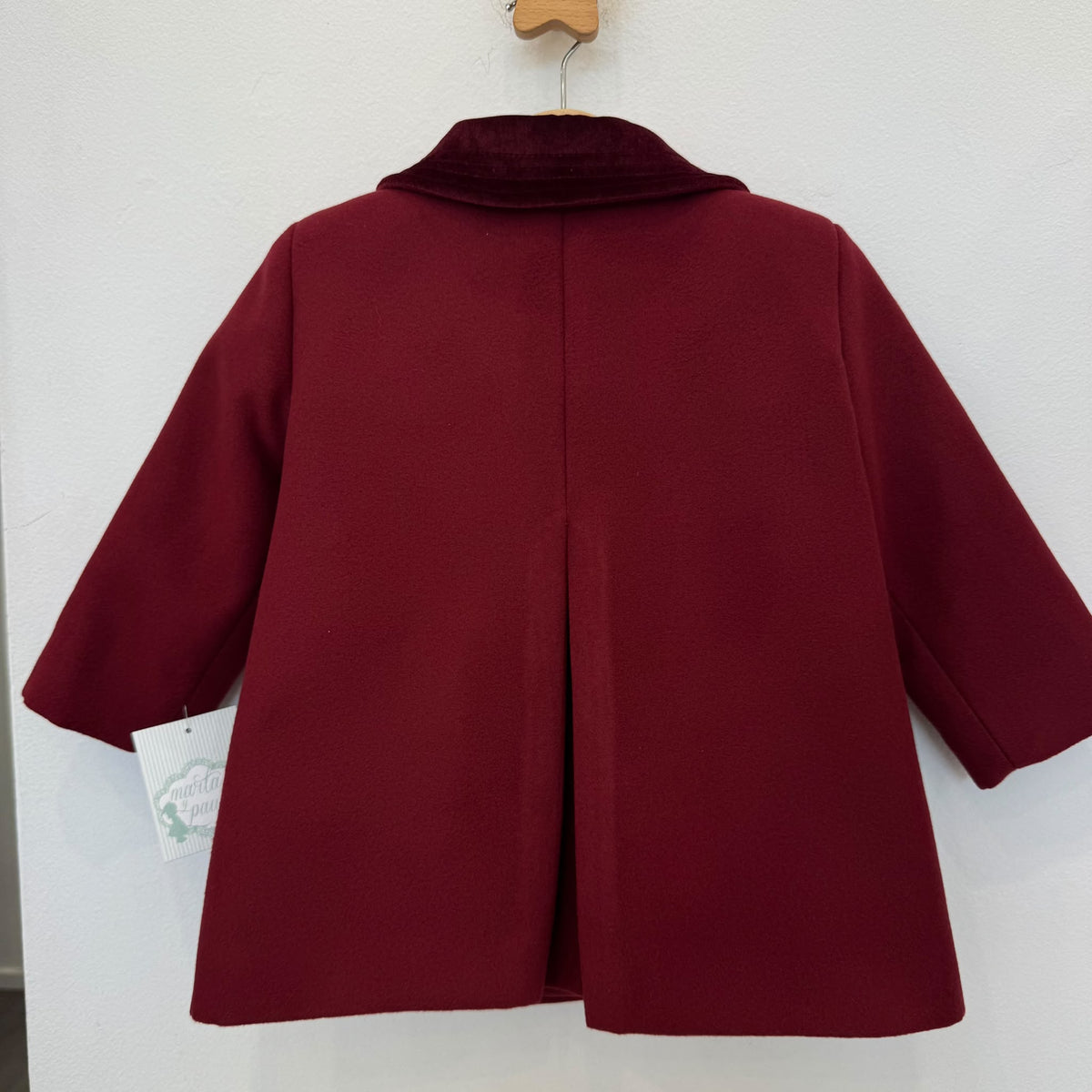 Cappottino inglese bordeaux bimba in panno foderato con colletto in velluto