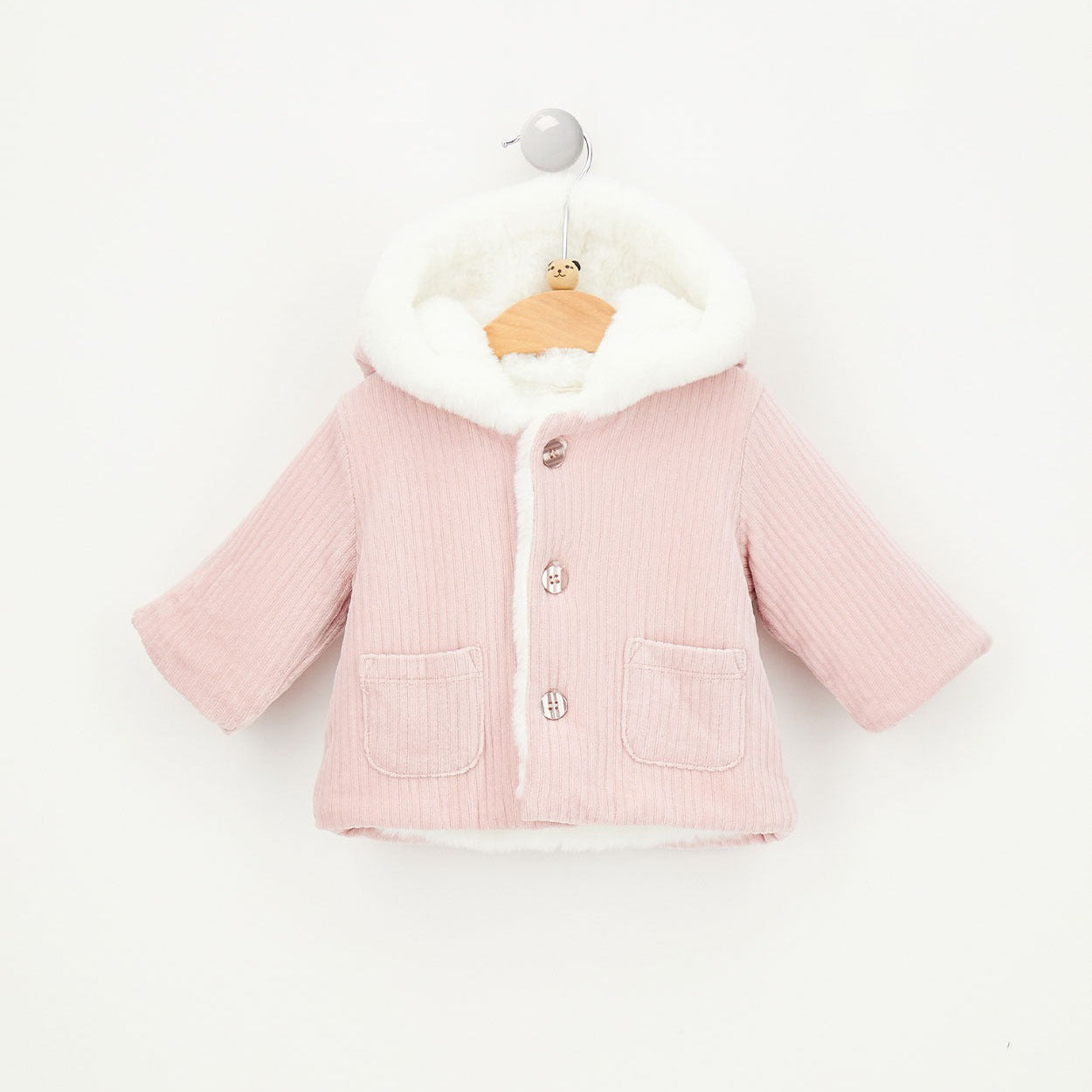Cappotto neonata rosa in cotone con cappuccio e taschine frontali