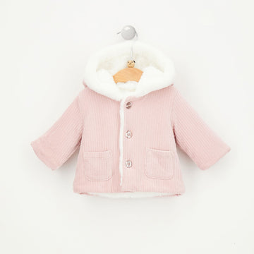 Cappotto neonata rosa in cotone con cappuccio e taschine frontali