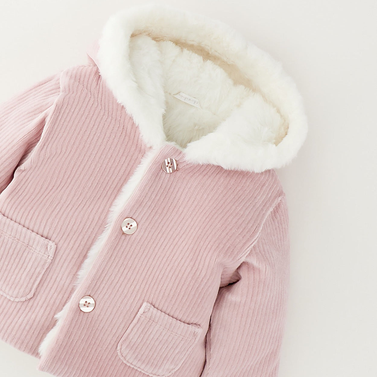 Cappotto neonata rosa in cotone con cappuccio e taschine frontali