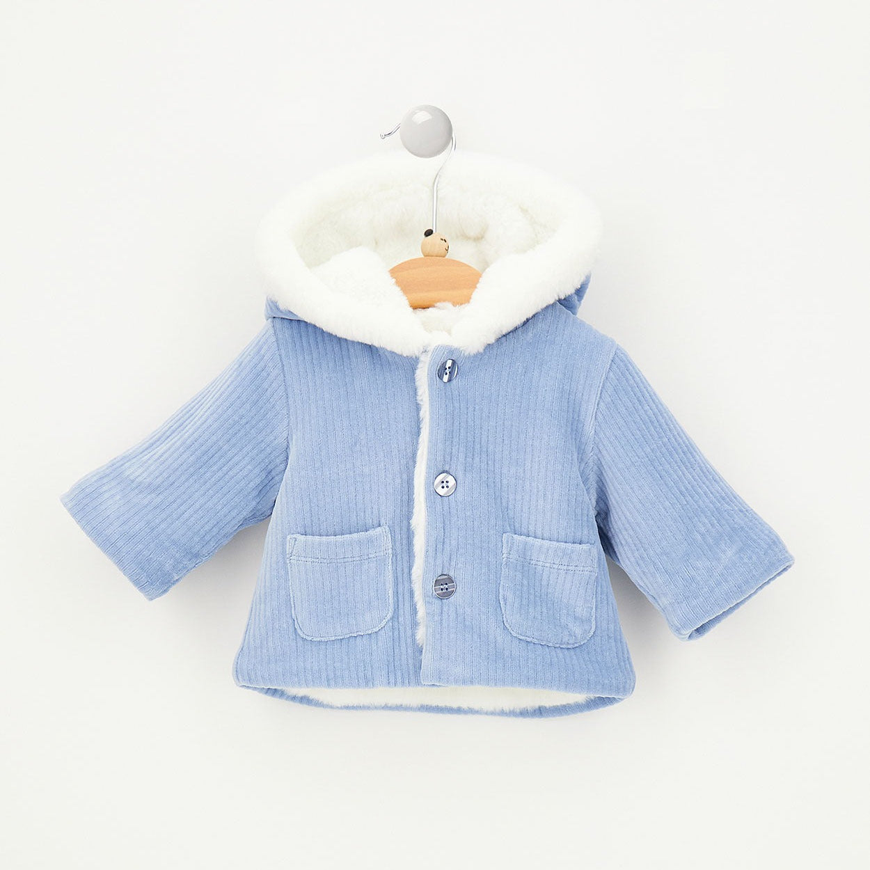 Cappotto neonato azzurro in cotone con cappuccio bianco, bottoni e tasche frontali