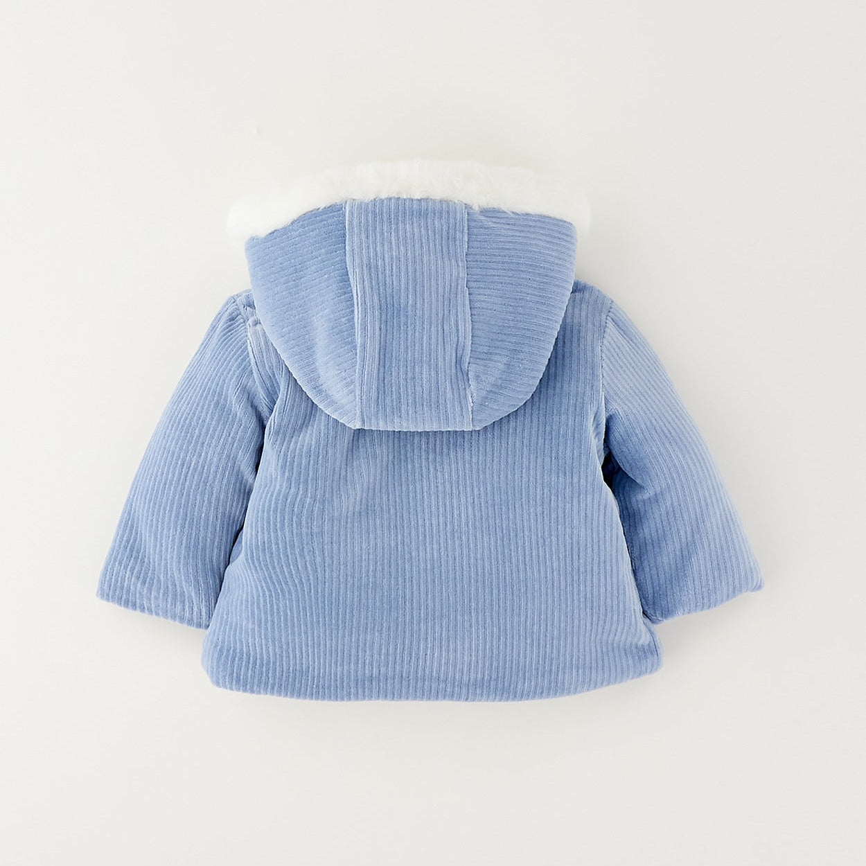 Cappotto neonato azzurro in cotone con cappuccio bianco, bottoni e tasche frontali