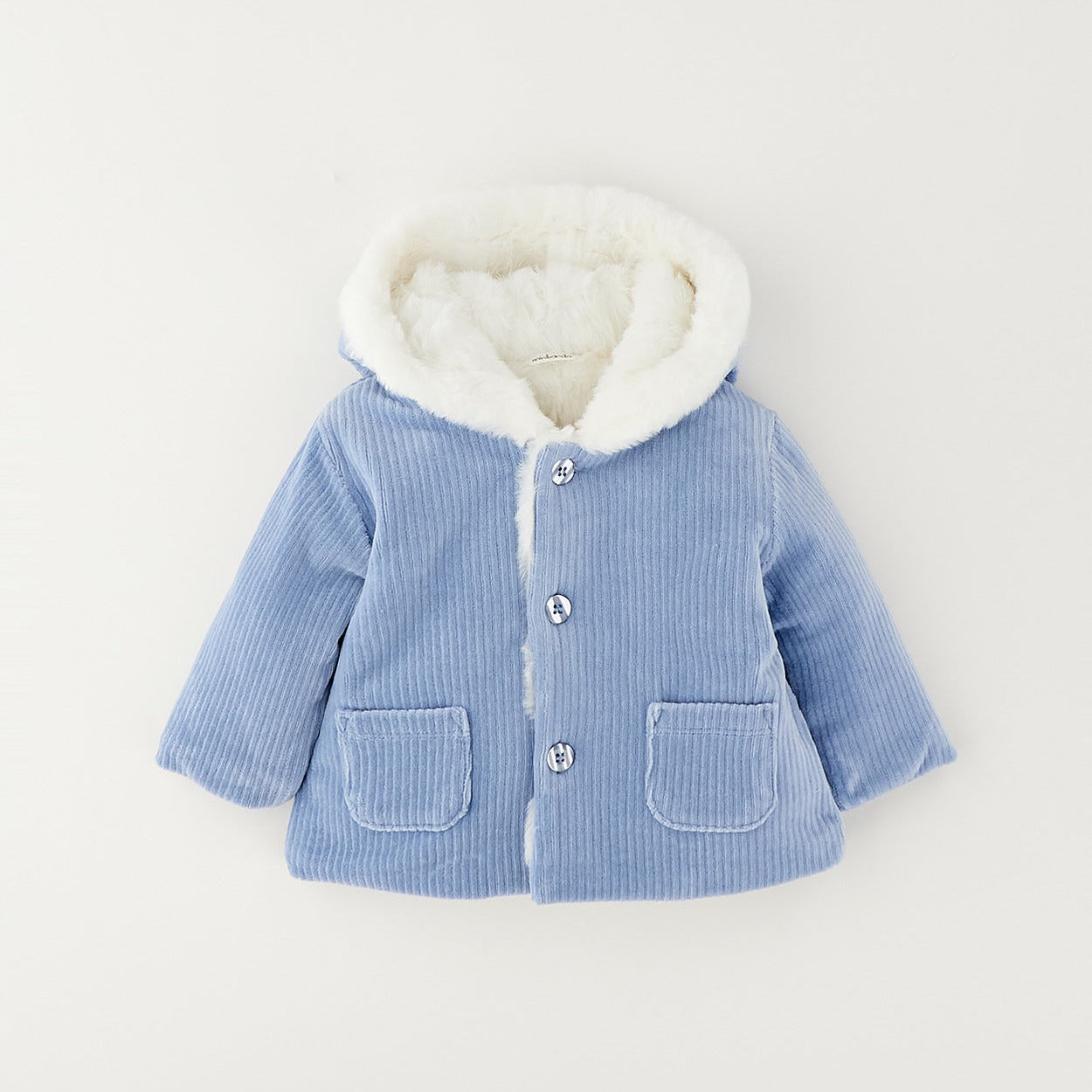 Cappotto neonato azzurro in cotone con cappuccio bianco, bottoni e tasche frontali