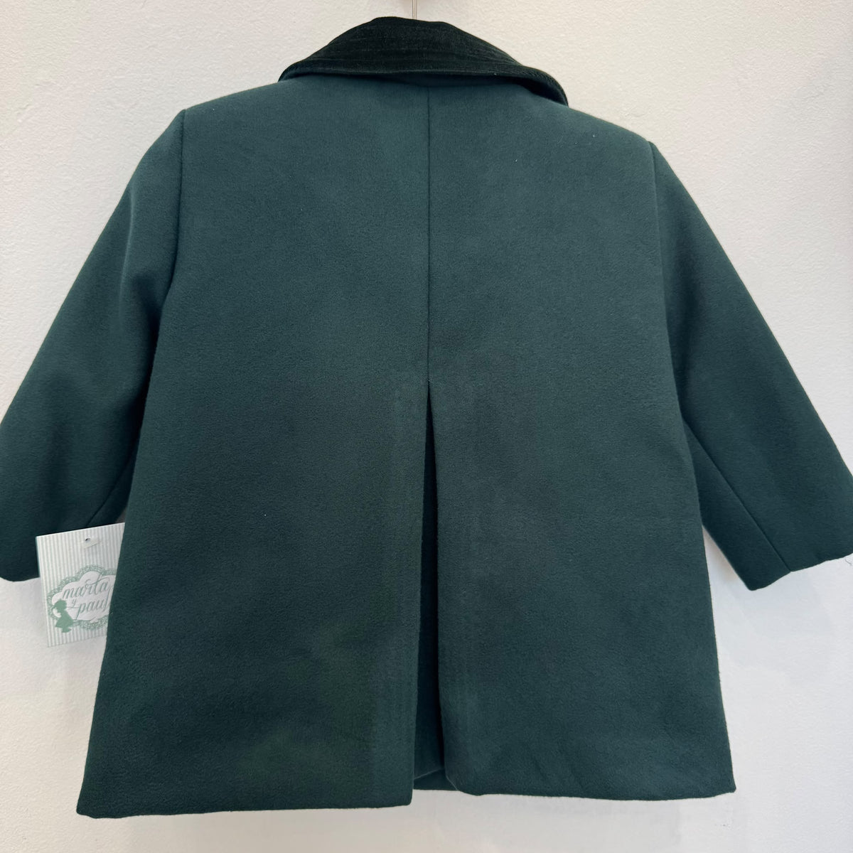 Cappottino verde bottiglia bimba in panno foderato con colletto in velluto