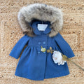 cappotto bimba blu con cappuccio removibile e pelliccia