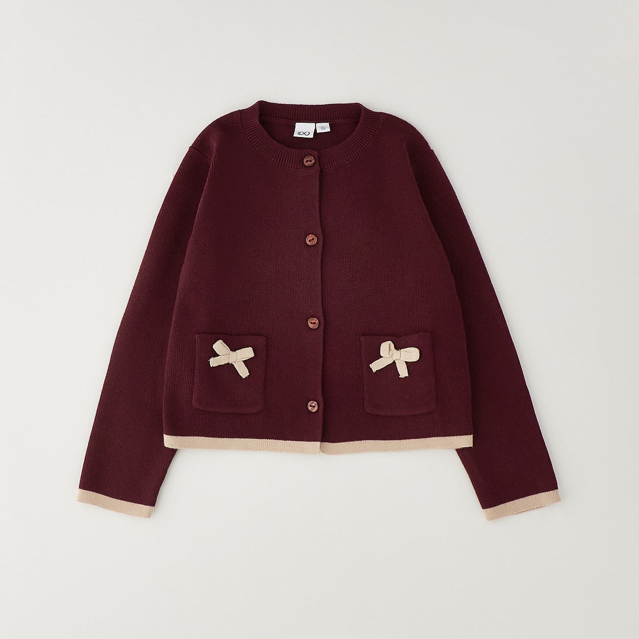 Cardigan bimba bordeaux con bottoni tasche e fiocchi beige