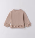 Retro cardigan bambina in maglia beige, con rouches su maniche e orlo.