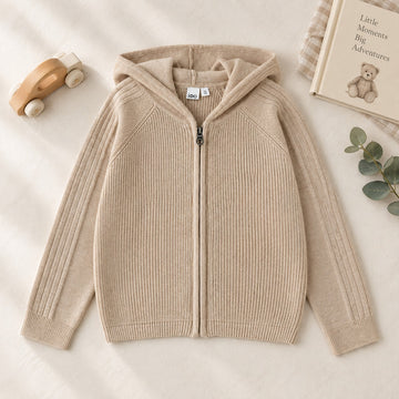 Cardigan beige bimbo iDO in maglia con cappuccio e chiusura con zip