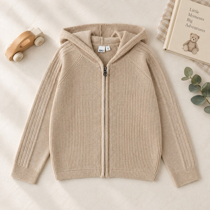Cardigan beige bimbo iDO in maglia con cappuccio e chiusura con zip