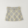 Completo 3 pezzi bimba con cardigan bianco fiocchi gialli, maglia e gonna tartan grigia e gialla