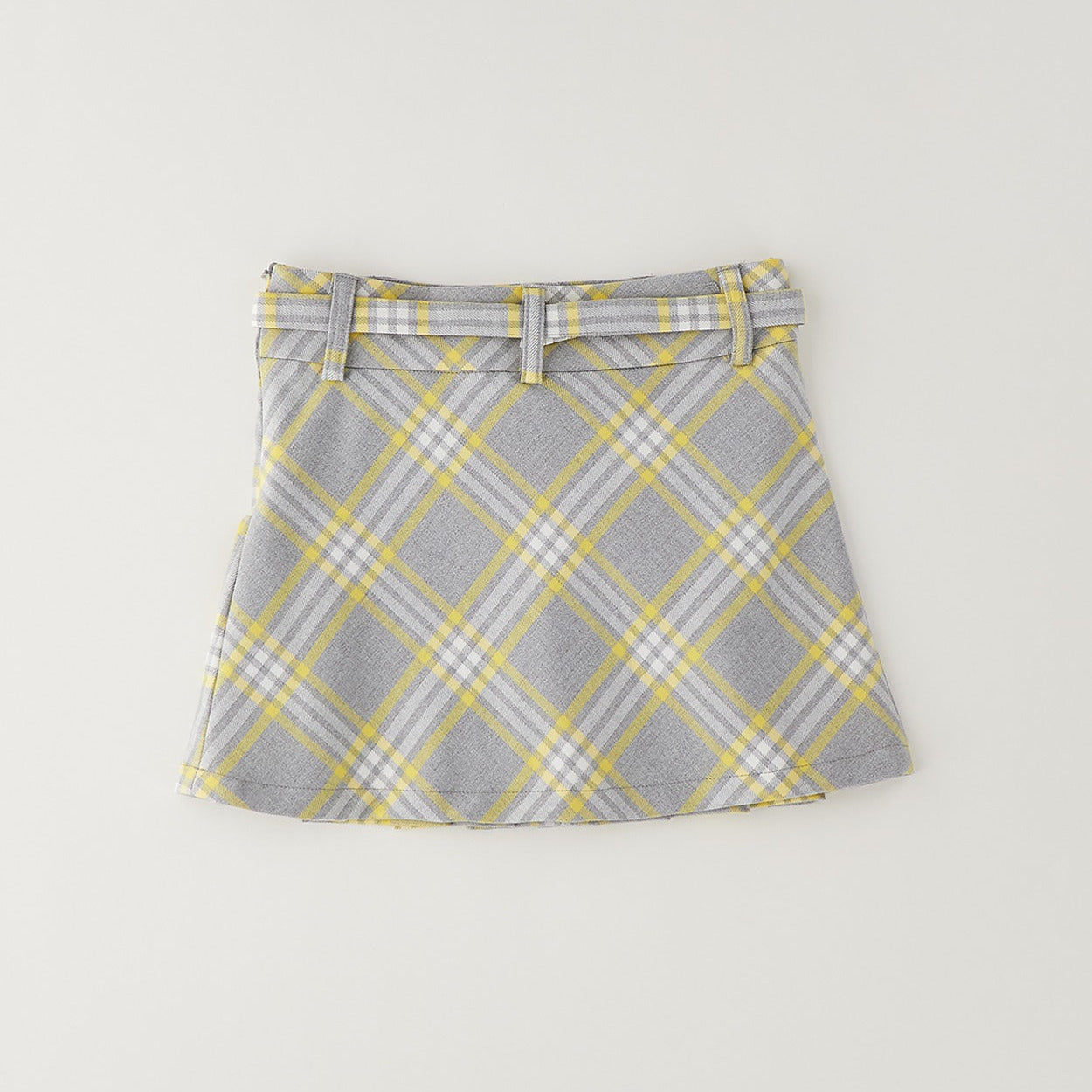 Completo 3 pezzi bimba con cardigan bianco fiocchi gialli, maglia e gonna tartan grigia e gialla