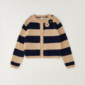 Cardigan bimba beige e blu a righe con applicazioni floreali