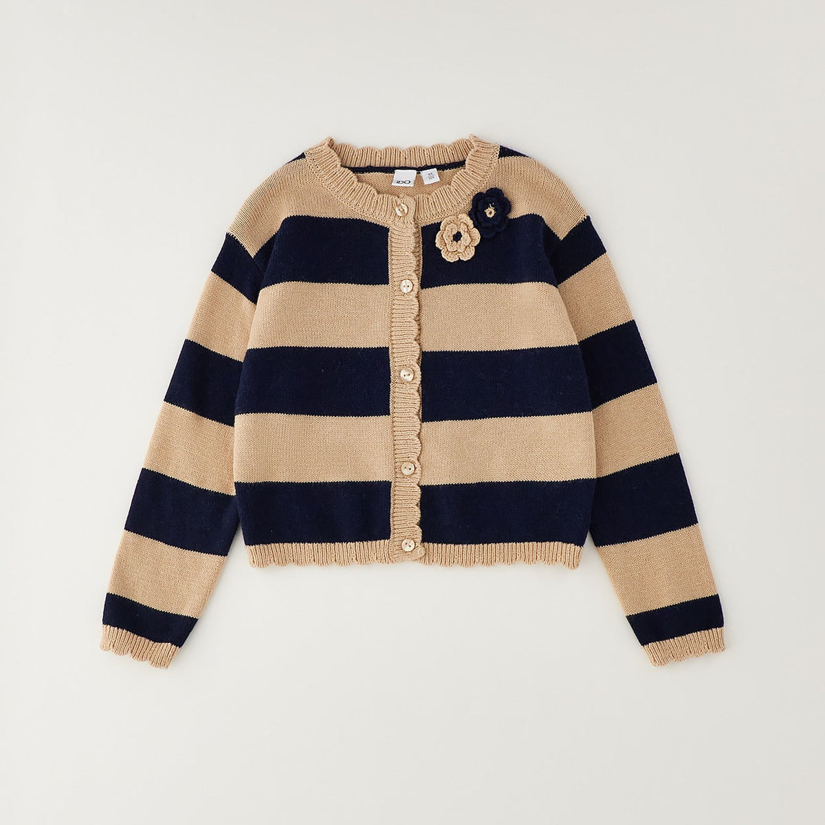 Cardigan bimba beige e blu a righe con applicazioni floreali
