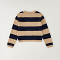 Cardigan bimba beige e blu a righe con applicazioni floreali