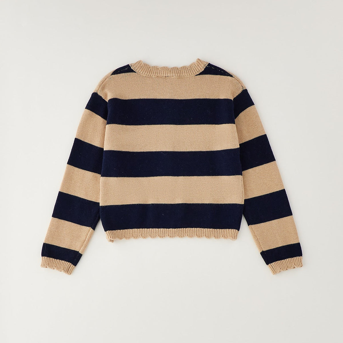 Cardigan bimba beige e blu a righe con applicazioni floreali