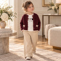 Cardigan bimba bordeaux con bottoni tasche e fiocchi beige