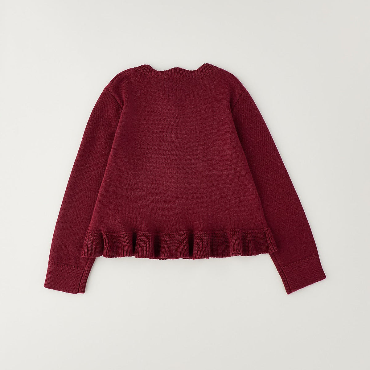 Cardigan bimba color prugna con bottoni e volant sul fondo