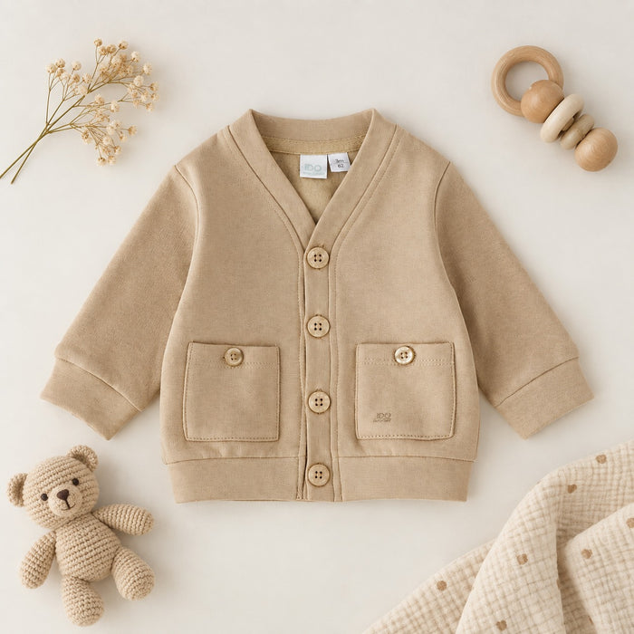 Cardigan bimbo beige con bottoni, scollo a V e tasche applicate