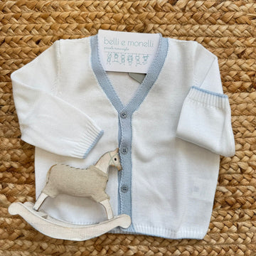 cardigan bimbo elegante bianco con profili celesti