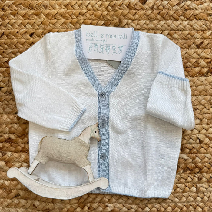 cardigan bimbo elegante bianco con profili celesti
