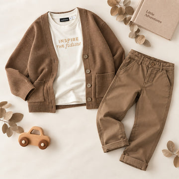 Cardigan bimbo marrone con bottoni e tasche applicate