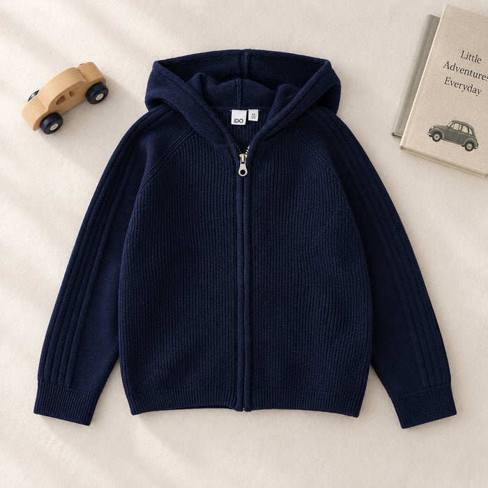 Cardigan blu bimbo iDO in maglia con cappuccio e chiusura con zip